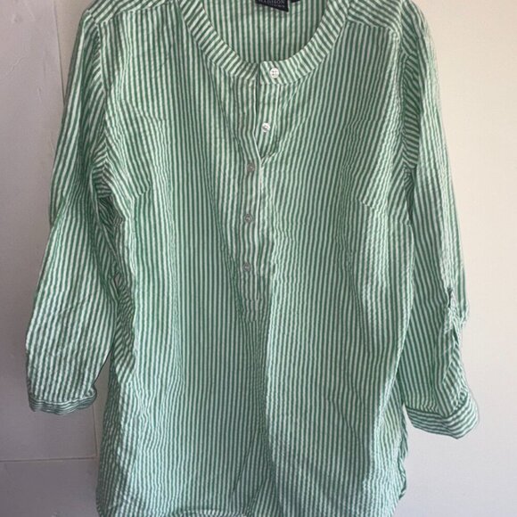 Madison Mathews Green White Seersucker Cotton Tunic CoverUp Button Down Size L - Picture 2 of 8